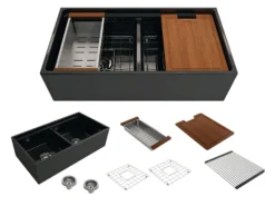 BOCCHI Contempo 36" Fireclay Workstation Farmhouse Sink with Accessories, 50/50 Double Bowl, Black, 1348-005-0120