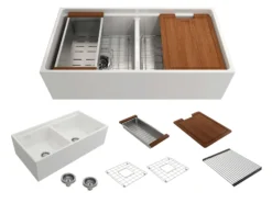 BOCCHI Contempo 36" Fireclay Workstation Farmhouse Sink with Accessories, 50/50 Double Bowl, White, 1348-001-0120