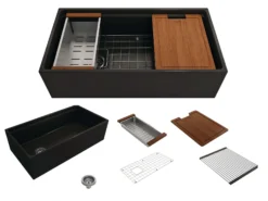 BOCCHI Contempo 36" Fireclay Workstation Farmhouse Sink with Accessories, Matte Black, 1505-004-0120
