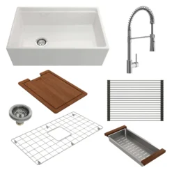 BOCCHI Contempo 30" Fireclay Workstation Farmhouse Sink Kit with Faucet and Accessories, White (sink) / Chrome (faucet), 1344-001-2020CH
