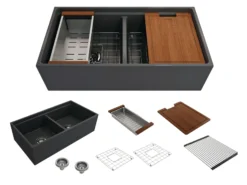BOCCHI Contempo 36" Fireclay Workstation Farmhouse Sink with Accessories, 50/50 Double Bowl, Matte Dark Gray, 1348-020-0120