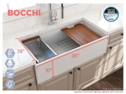 BOCCHI Contempo 36" Fireclay Workstation Farmhouse Sink with Accessories, Matte White, 1505-002-0120