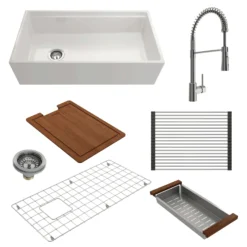 BOCCHI Contempo 36" Fireclay Workstation Farmhouse Sink Kit with Faucet and Accessories, White (sink) / Stainless Steel (faucet), 1505-001-2020SS
