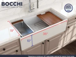 BOCCHI Contempo 36" Fireclay Workstation Farmhouse Sink Kit with Faucet and Accessories, White (sink) / Stainless Steel (faucet), 1505-001-2020SS
