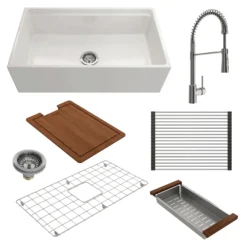 BOCCHI Contempo 33" Fireclay Workstation Farmhouse Sink Kit with Faucet and Accessories, White (sink) / Stainless Steel (faucet), 1504-001-2020SS
