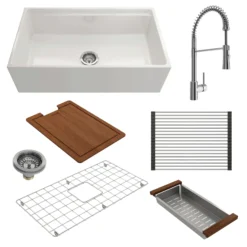 BOCCHI Contempo 33" Fireclay Workstation Farmhouse Sink Kit with Faucet and Accessories, White (sink) / Chrome (faucet), 1504-001-2020CH