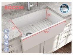 BOCCHI Contempo 30" Fireclay Workstation Farmhouse Sink with Accessories, Matte White, 1344-002-0120