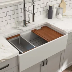 BOCCHI Contempo 33" Fireclay Workstation Farmhouse Sink with Accessories, Matte White, 1504-002-0120