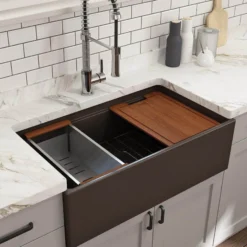 BOCCHI Contempo 33" Fireclay Workstation Farmhouse Sink with Accessories, Matte Brown, 1504-025-0120