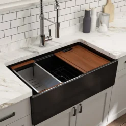BOCCHI Contempo 33" Fireclay Workstation Farmhouse Sink with Accessories, Black, 1504-005-0120