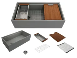BOCCHI Contempo 36" Fireclay Workstation Farmhouse Sink with Accessories, Matte Gray, 1505-006-0120