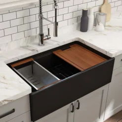 BOCCHI Contempo 33" Fireclay Workstation Farmhouse Sink with Accessories, Matte Black, 1504-004-0120