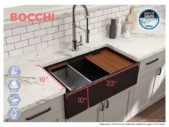 BOCCHI Contempo 33" Fireclay Workstation Farmhouse Sink with Accessories, Matte Black, 1504-004-0120