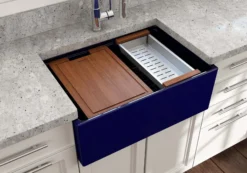 BOCCHI Contempo 27" Fireclay Workstation Farmhouse Sink Kit with Accessories, Sapphire Blue, 1628-010-0120