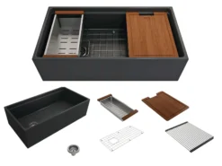 BOCCHI Contempo 36" Fireclay Workstation Farmhouse Sink with Accessories, Matte Dark Gray, 1505-020-0120