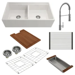 BOCCHI Contempo 36" White Fireclay Workstation Farmhouse Sink Kit with Chrome Faucet and Accessories, 50/50 Double Bowl, 1348-001-2020CH