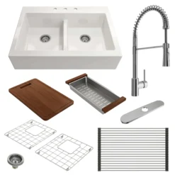 BOCCHI Nuova 34" Fireclay Farmhouse Sink Kit with Faucet and Accessories, 50/50 Double Bowl, White (sink) / Chrome (faucet), 1501-001-2020CH