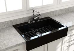 BOCCHI Nuova 34" Fireclay Retrofit Drop-In Farmhouse Sink with Accessories, Black, 1500-005-0127