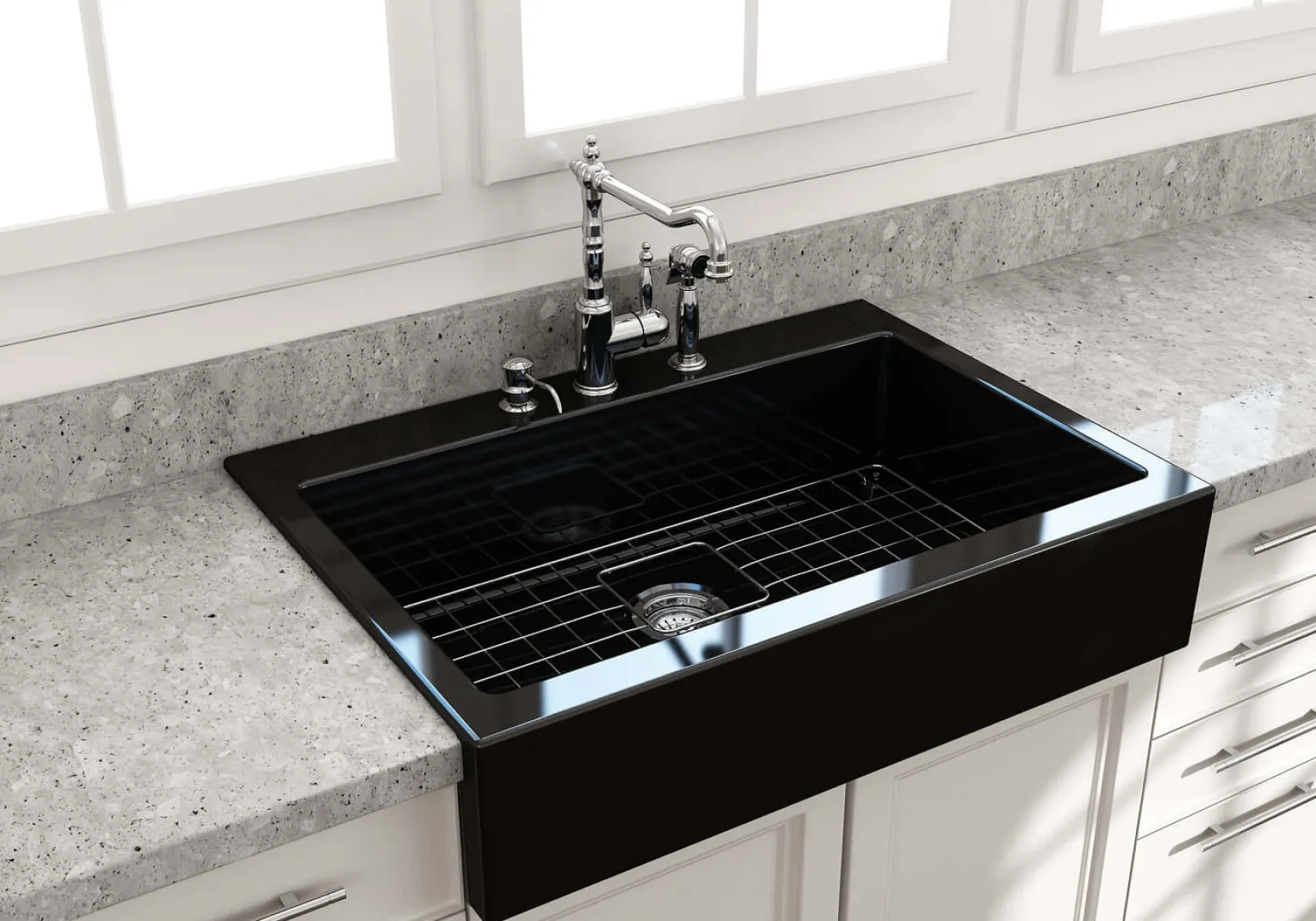 BOCCHI Nuova 34" Fireclay Retrofit Drop-In Farmhouse Sink with Accessories, Black, 1500-005-0127