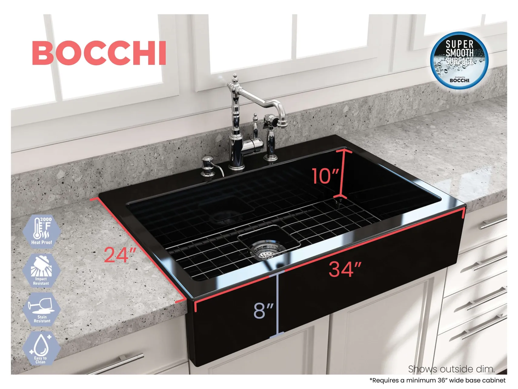 BOCCHI Nuova 34" Fireclay Retrofit Drop-In Farmhouse Sink with Accessories, Black, 1500-005-0127