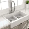 BOCCHI Nuova 34" Fireclay Retrofit Drop-In Farmhouse Sink with Accessories, 50/50 Double Bowl, White, 1501-001-0127
