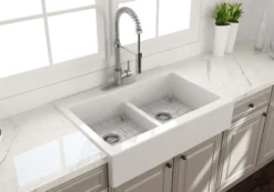 BOCCHI Nuova 34" Fireclay Retrofit Drop-In Farmhouse Sink with Accessories, 50/50 Double Bowl, White, 1501-001-0127