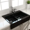 BOCCHI Nuova 34" Fireclay Retrofit Drop-In Farmhouse Sink with Accessories, 50/50 Double Bowl, Black, 1501-005-0127