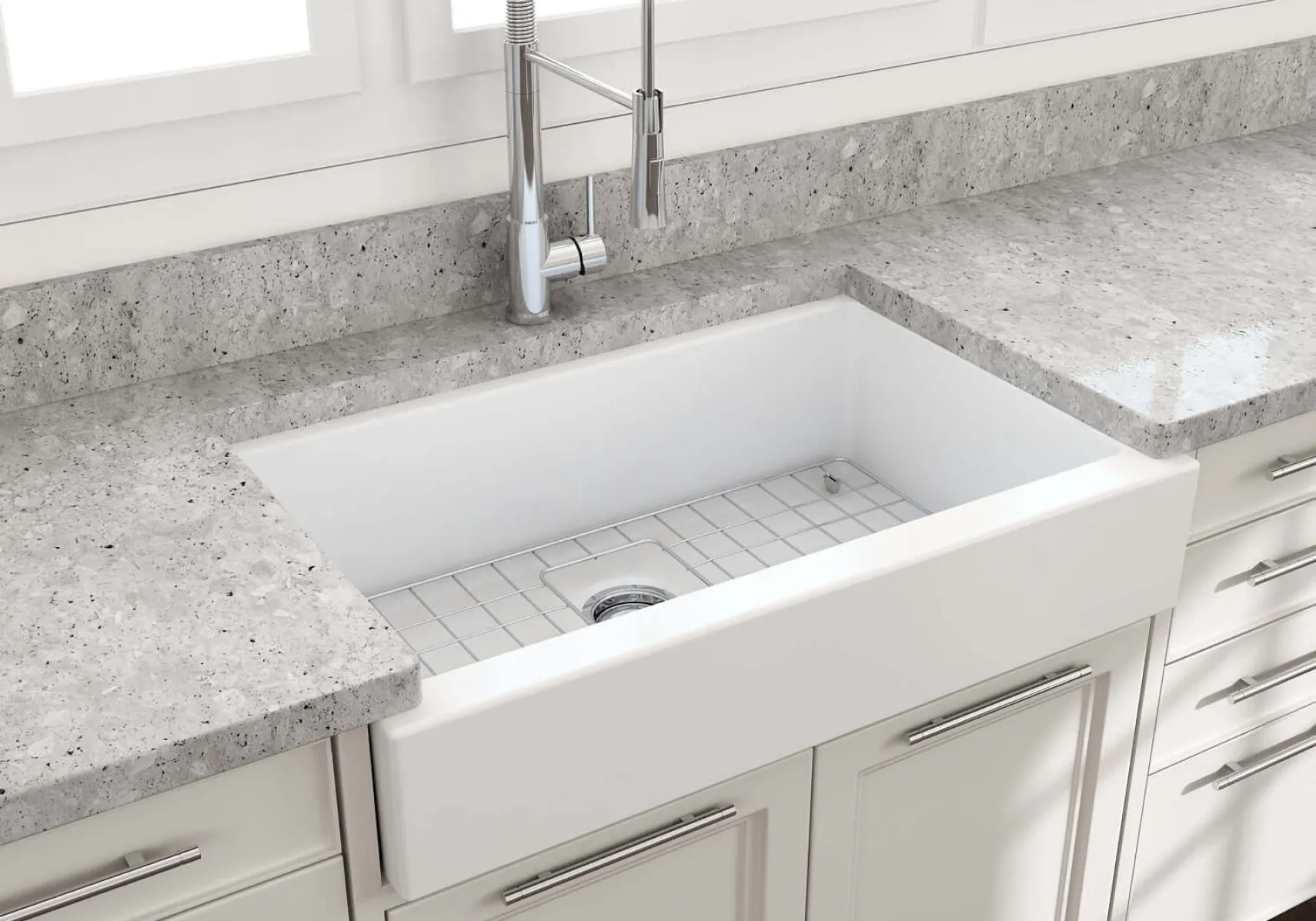 BOCCHI Nuova 34" Fireclay Retrofit Farmhouse Sink with Accessories, Matte White, 1551-002-0120