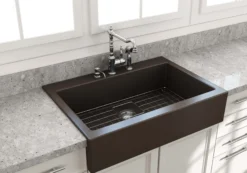 BOCCHI Nuova 34" Fireclay Retrofit Drop-In Farmhouse Sink with Accessories, Matte Brown, 1500-025-0127