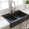 BOCCHI Nuova 34" Fireclay Retrofit Drop-In Farmhouse Sink with Accessories, 50/50 Double Bowl, Matte Black, 1501-004-0127