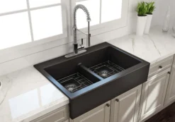 BOCCHI Nuova 34" Fireclay Retrofit Drop-In Farmhouse Sink with Accessories, 50/50 Double Bowl, Matte Black, 1501-004-0127