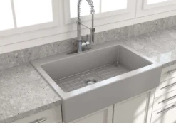 BOCCHI Nuova 34" Fireclay Retrofit Drop-In Farmhouse Sink with Accessories, Matte Gray, 1500-006-0127