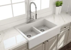 BOCCHI Nuova 34" Fireclay Retrofit Drop-In Farmhouse Sink with Accessories, 50/50 Double Bowl, Matte White, 1501-002-0127