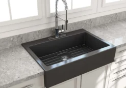 BOCCHI Nuova 34" Fireclay Retrofit Drop-In Farmhouse Sink with Accessories, Matte Dark Gray, 1500-020-0127