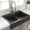 BOCCHI Nuova 34" Fireclay Retrofit Drop-In Farmhouse Sink with Accessories, 50/50 Double Bowl, Matte Dark Gray, 1501-020-0127
