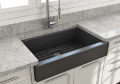 BOCCHI Nuova 34" Fireclay Retrofit Farmhouse Sink with Accessories, Matte Dark Gray, 1551-020-0120