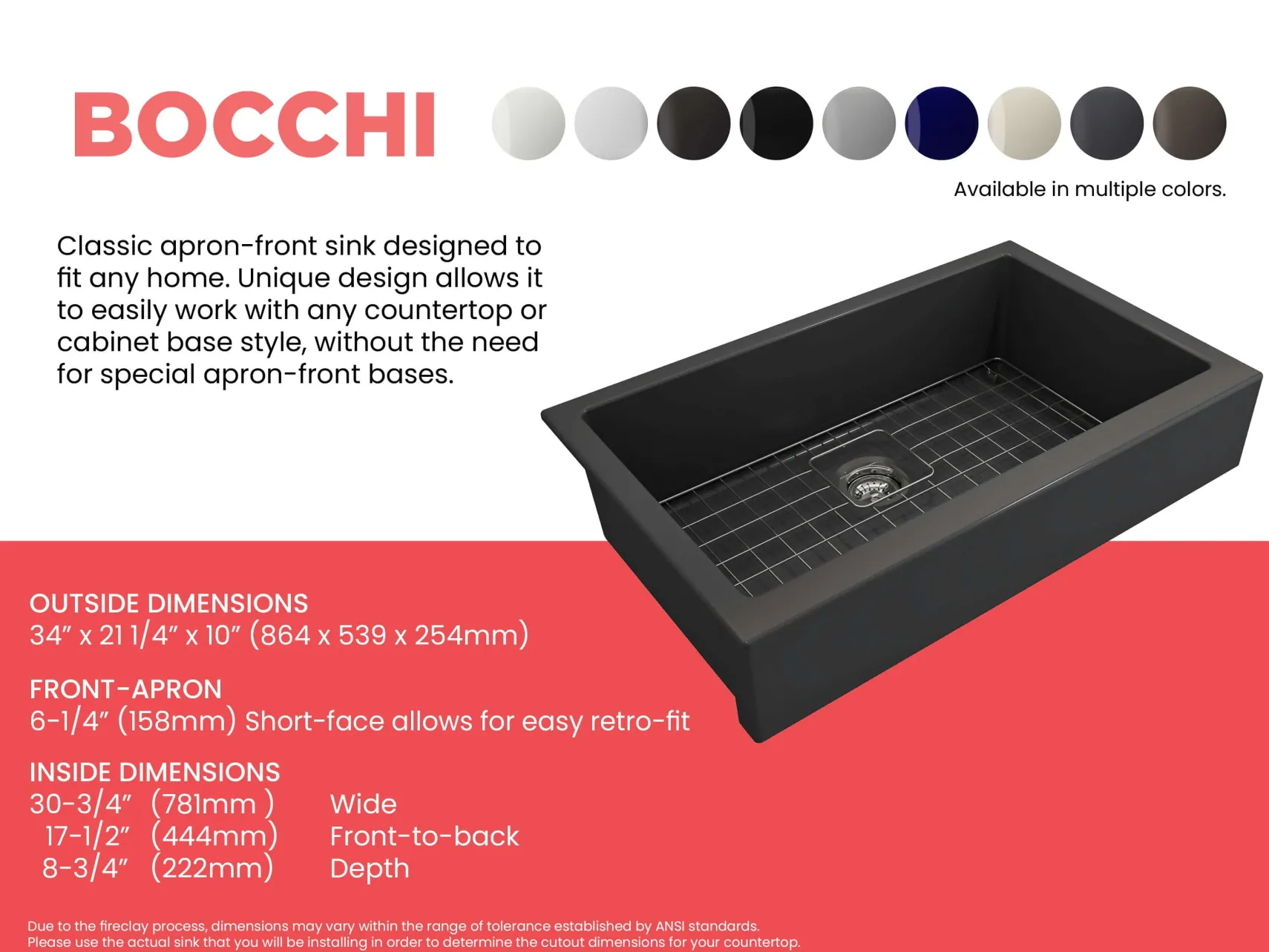 BOCCHI Nuova 34" Fireclay Retrofit Farmhouse Sink with Accessories, Matte Dark Gray, 1551-020-0120
