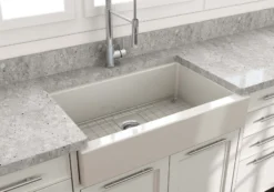BOCCHI Nuova 34" Fireclay Retrofit Farmhouse Sink with Accessories, Biscuit, 1551-014-0120