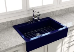 BOCCHI Nuova 34" Fireclay Retrofit Drop-In Farmhouse Sink with Accessories, Sapphire Blue, 1500-010-0127