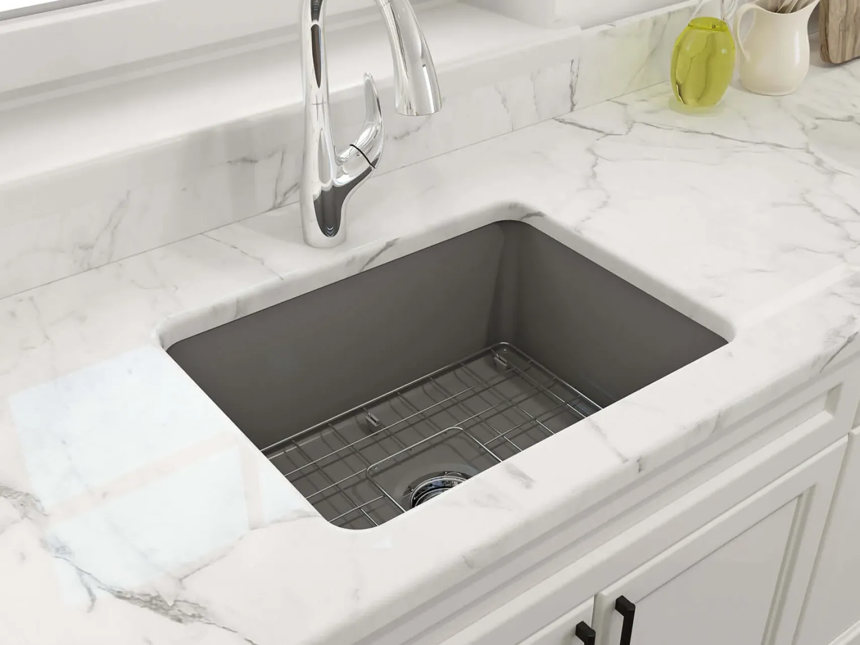BOCCHI Sotto 24" Dual Mount Fireclay Kitchen Sink Kit with Accessories, Matte Gray, 1627-006-0120