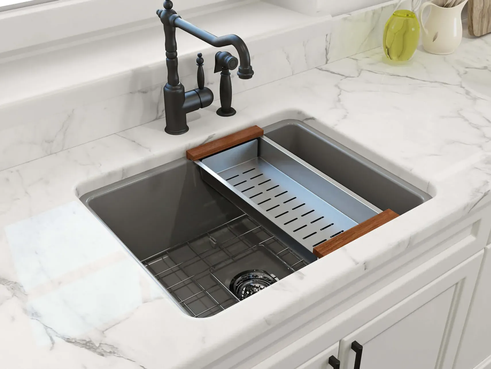 BOCCHI Sotto 24" Dual Mount Fireclay Kitchen Sink Kit with Accessories, Matte Gray, 1627-006-0120