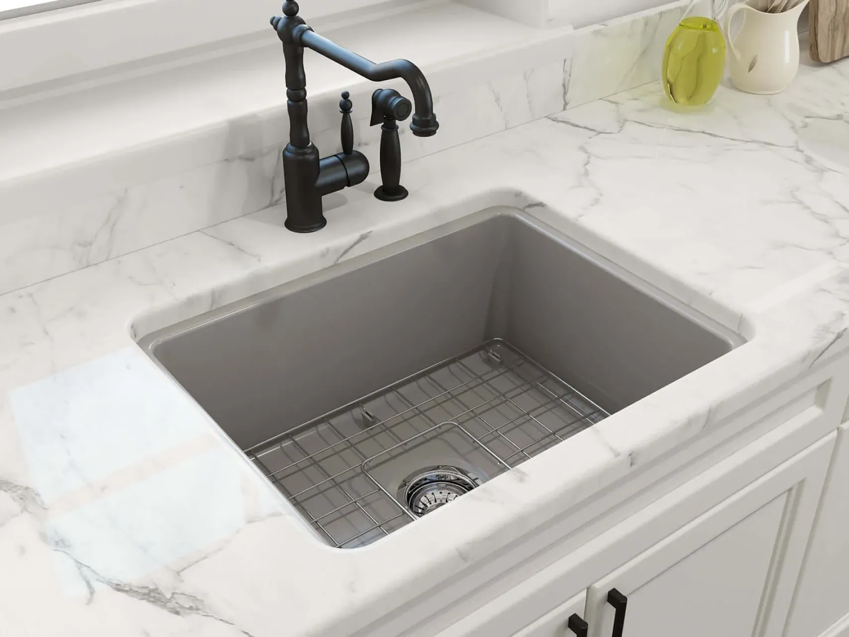 BOCCHI Sotto 24" Dual Mount Fireclay Kitchen Sink Kit with Accessories, Matte Gray, 1627-006-0120
