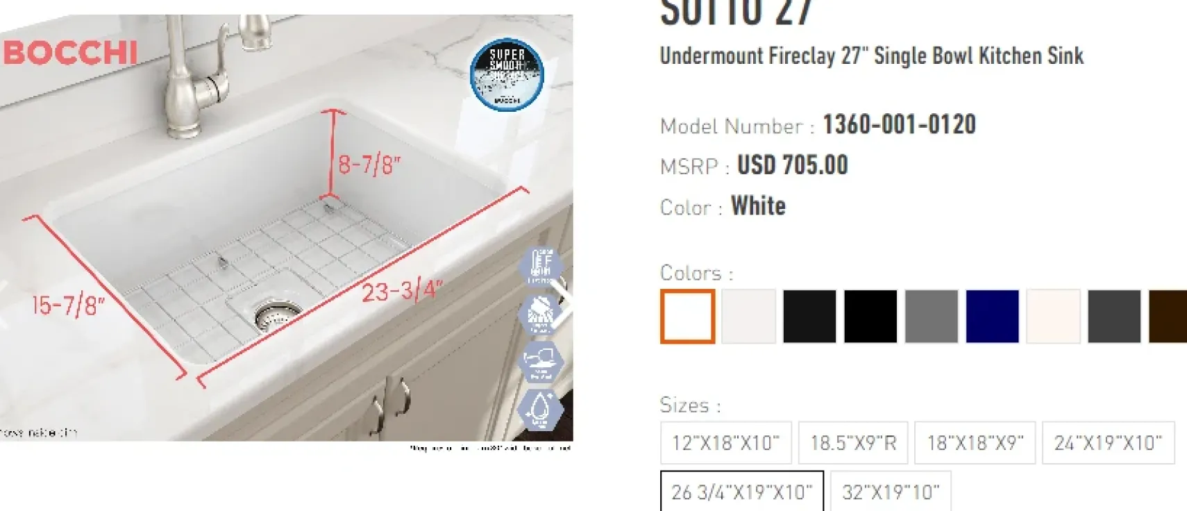 BOCCHI Sotto 27" Fireclay Dual Mount Single Bowl Kitchen Sink, White, 1360-001-0120