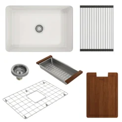 BOCCHI Sotto 27" Fireclay Dual Mount Single Bowl Kitchen Sink Kit with Accessories, White, 1360-001-KIT1