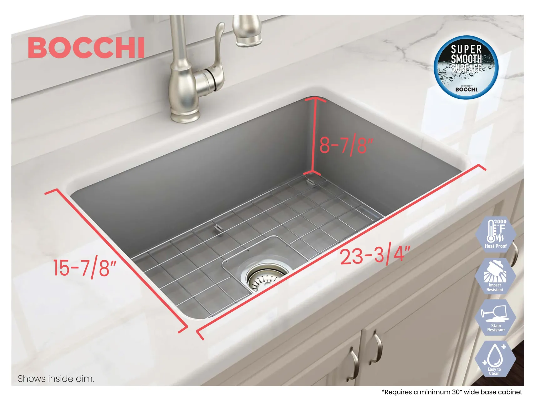 BOCCHI Sotto 27" Fireclay Dual Mount Single Bowl Kitchen Sink, Matte Gray, 1360-006-0120