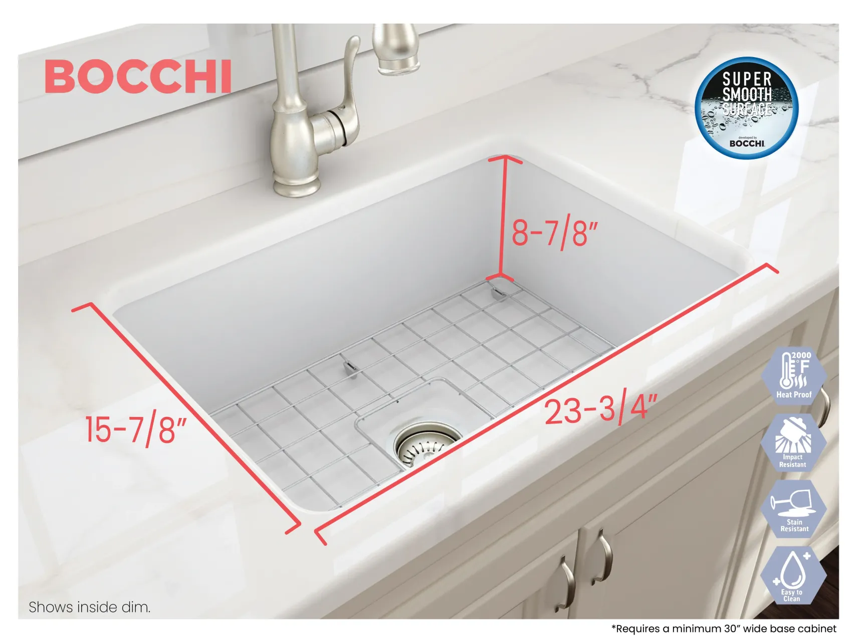 BOCCHI Sotto 27" Fireclay Dual Mount Single Bowl Kitchen Sink, Matte White, 1360-002-0120