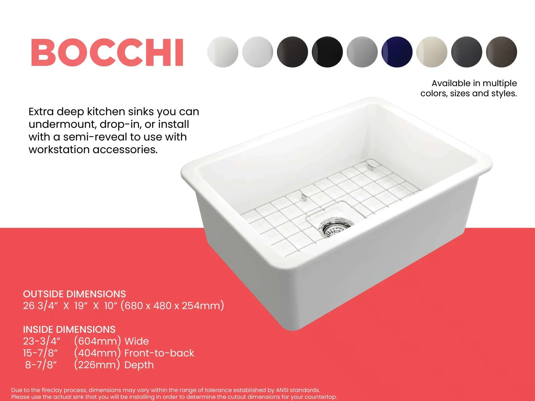 BOCCHI Sotto 27" Fireclay Dual Mount Single Bowl Kitchen Sink, Matte White, 1360-002-0120
