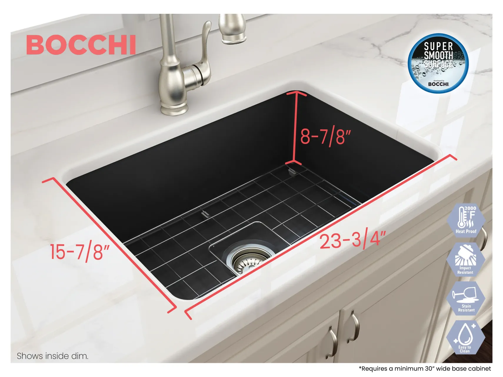 BOCCHI Sotto 27" Fireclay Dual Mount Single Bowl Kitchen Sink, Matte Dark Gray, 1360-020-0120