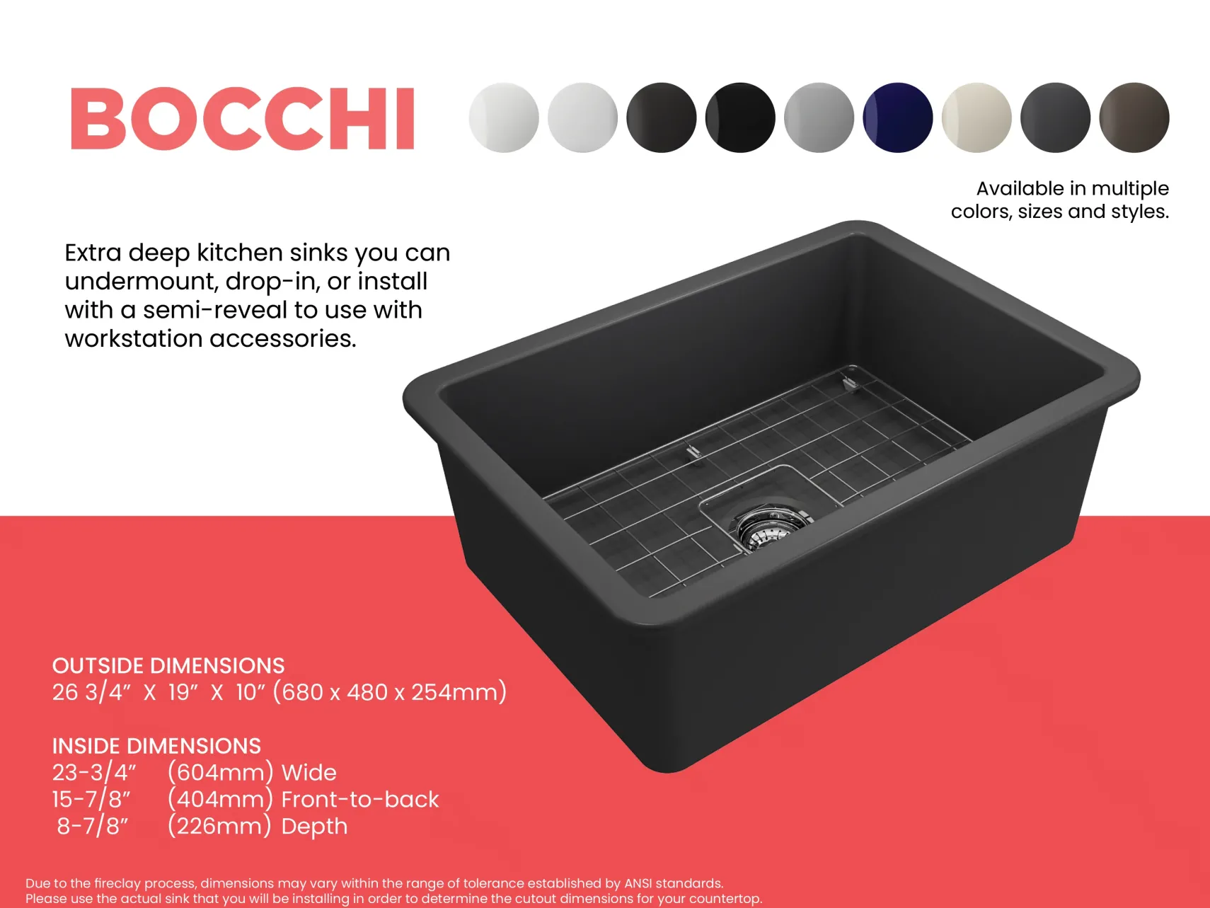 BOCCHI Sotto 27" Fireclay Dual Mount Single Bowl Kitchen Sink, Matte Dark Gray, 1360-020-0120