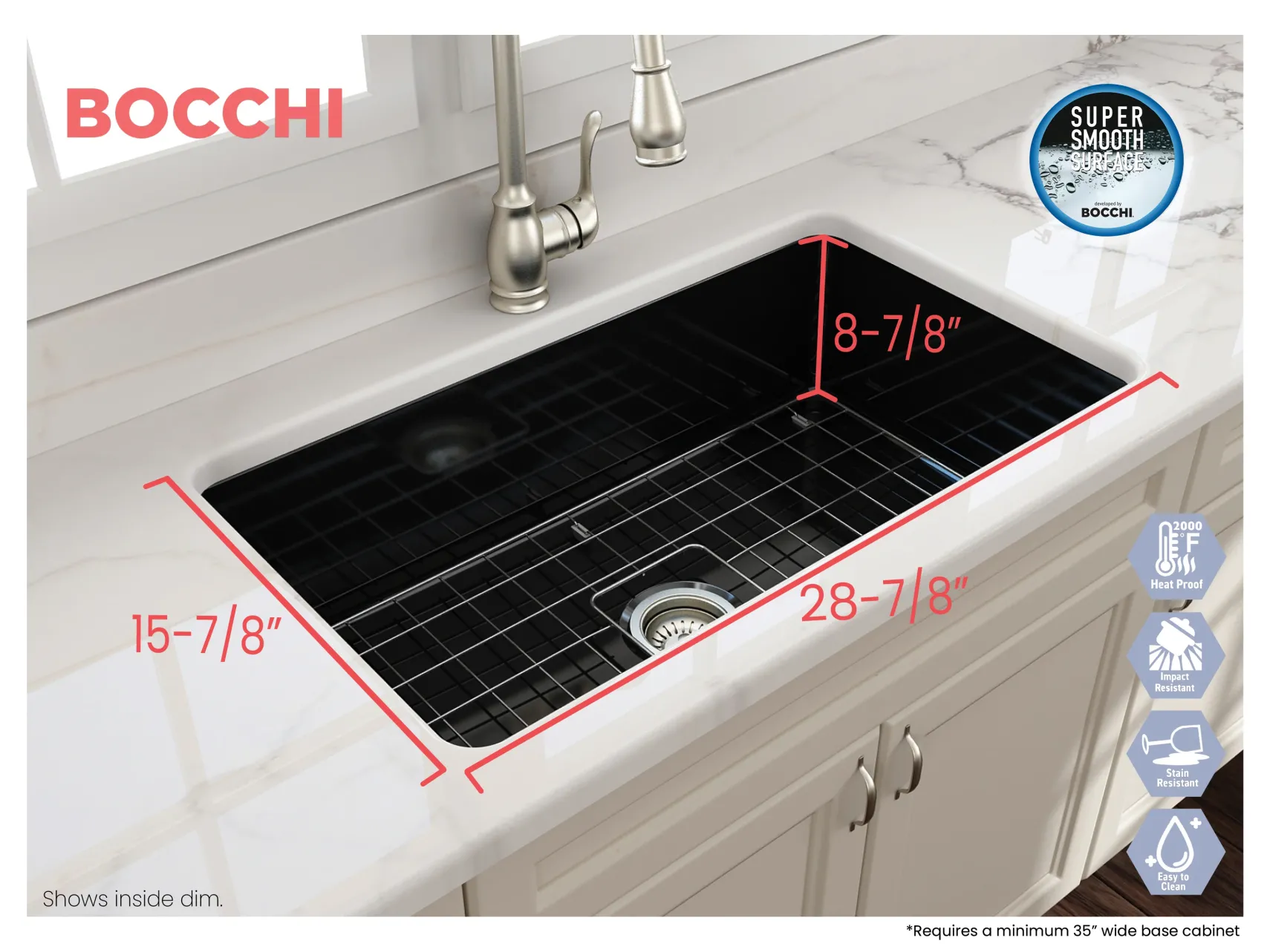 BOCCHI Sotto 32" Fireclay Undermount Single Bowl Kitchen Sink, Black, 1362-005-0120